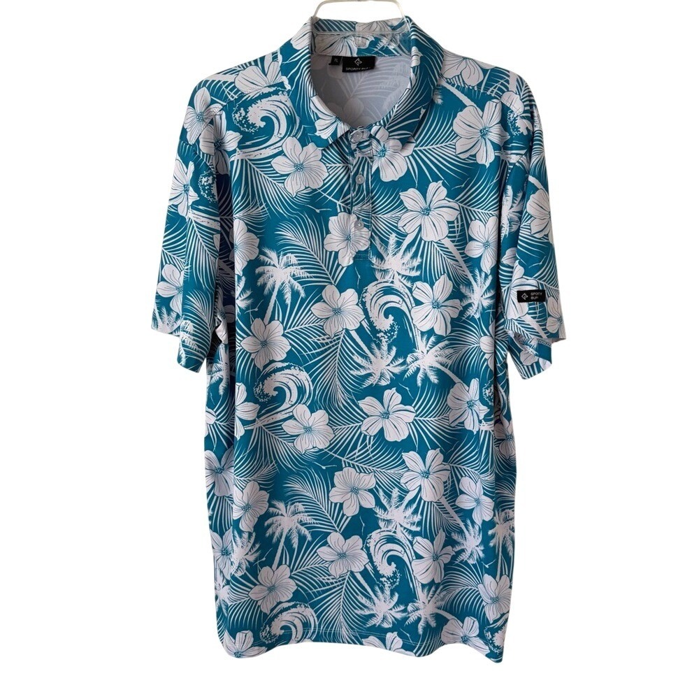 Sporty Buff Mens Performance Polo Shirt Tropical Hawaiian Floral Blue White Golf